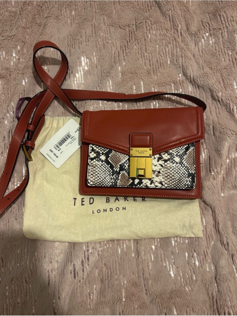 Ted Baker Rust Leather Crossbody with Snake-Print Panel and Gold Lock